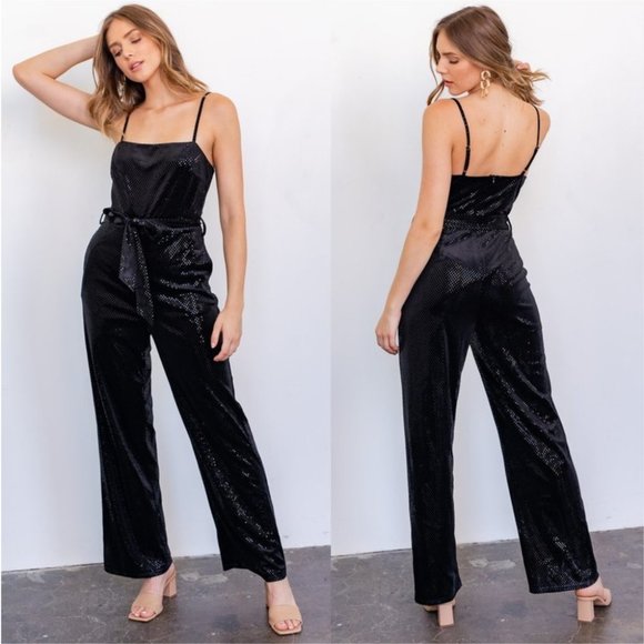MODA ME COUTURE Pants - VELVET JUMPSUIT WITH BELTED WAIST